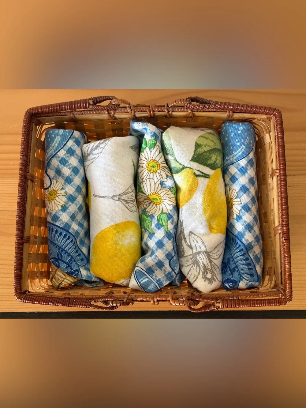 Cottagecore Wicker Gathering Basket Set – Includes Lemon & Blue Gingham Linens